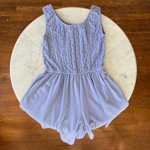 Vintage 80s 90s Periwinkle Sleeveless Romper Floral Embroidery + Pockets / S M - Picture 1 of 10